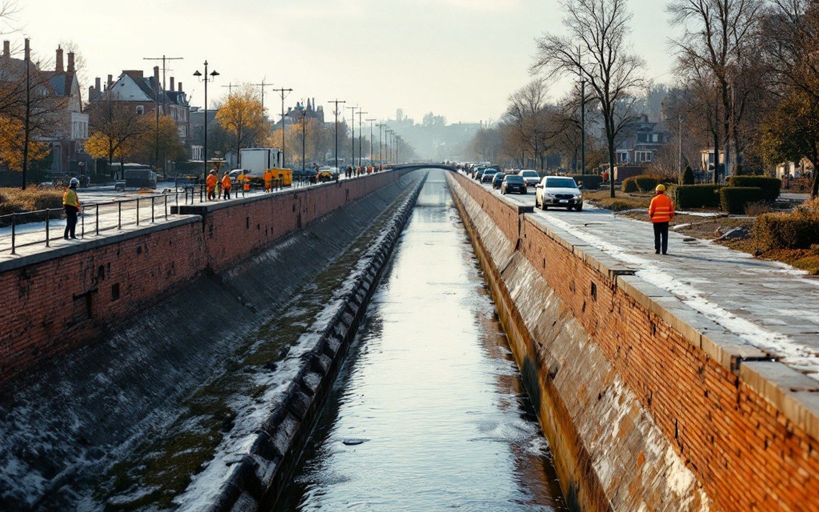 A long straight stretch of engineered river channel with a low training wall running beside it