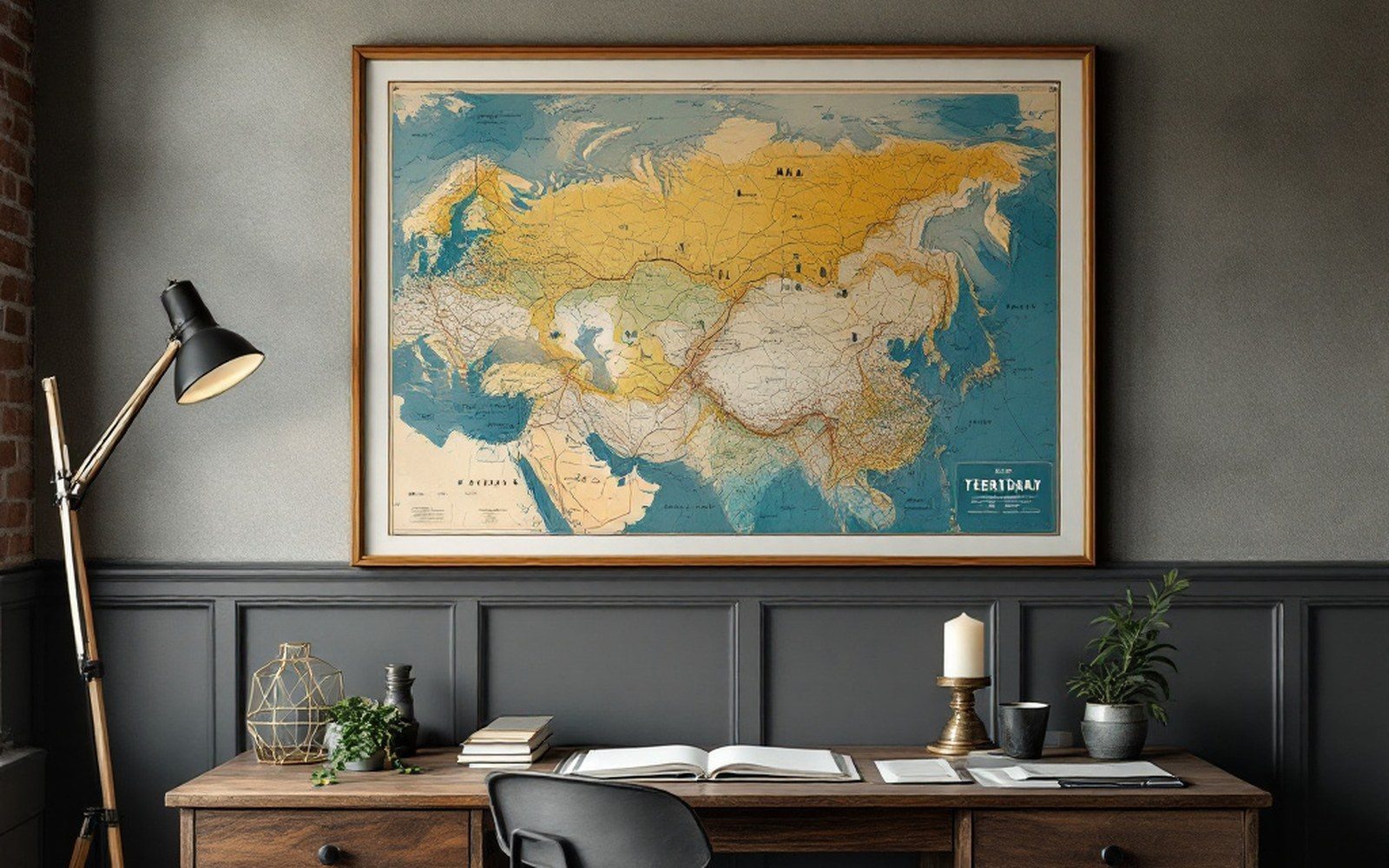 A large framed map of a territory on a panelled wall above a desk