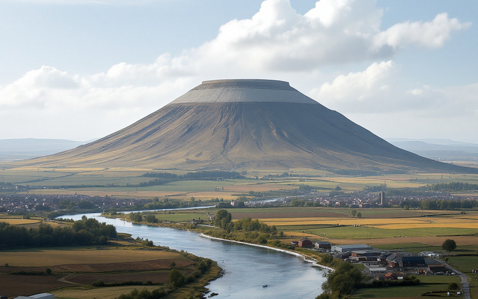 An isolated flat-topped mountain rising abruptly from rolling farmland, its summit edged with a band of pale rock