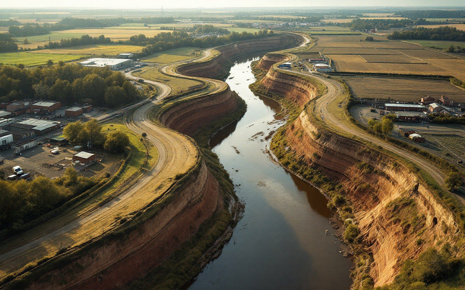 A wide brown river seen from above showing a sweeping bend with an older abandoned channel curving away through farmland beside it
