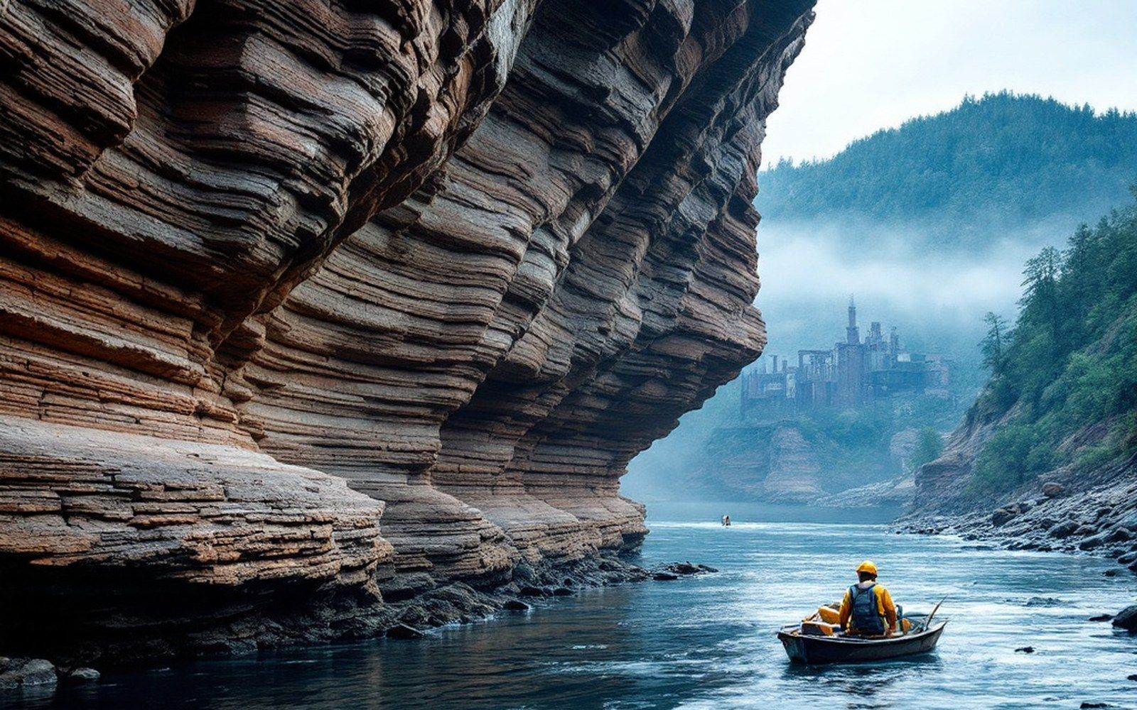 A rock face showing strongly folded rock layers bent into a visible curve, scale rule against it