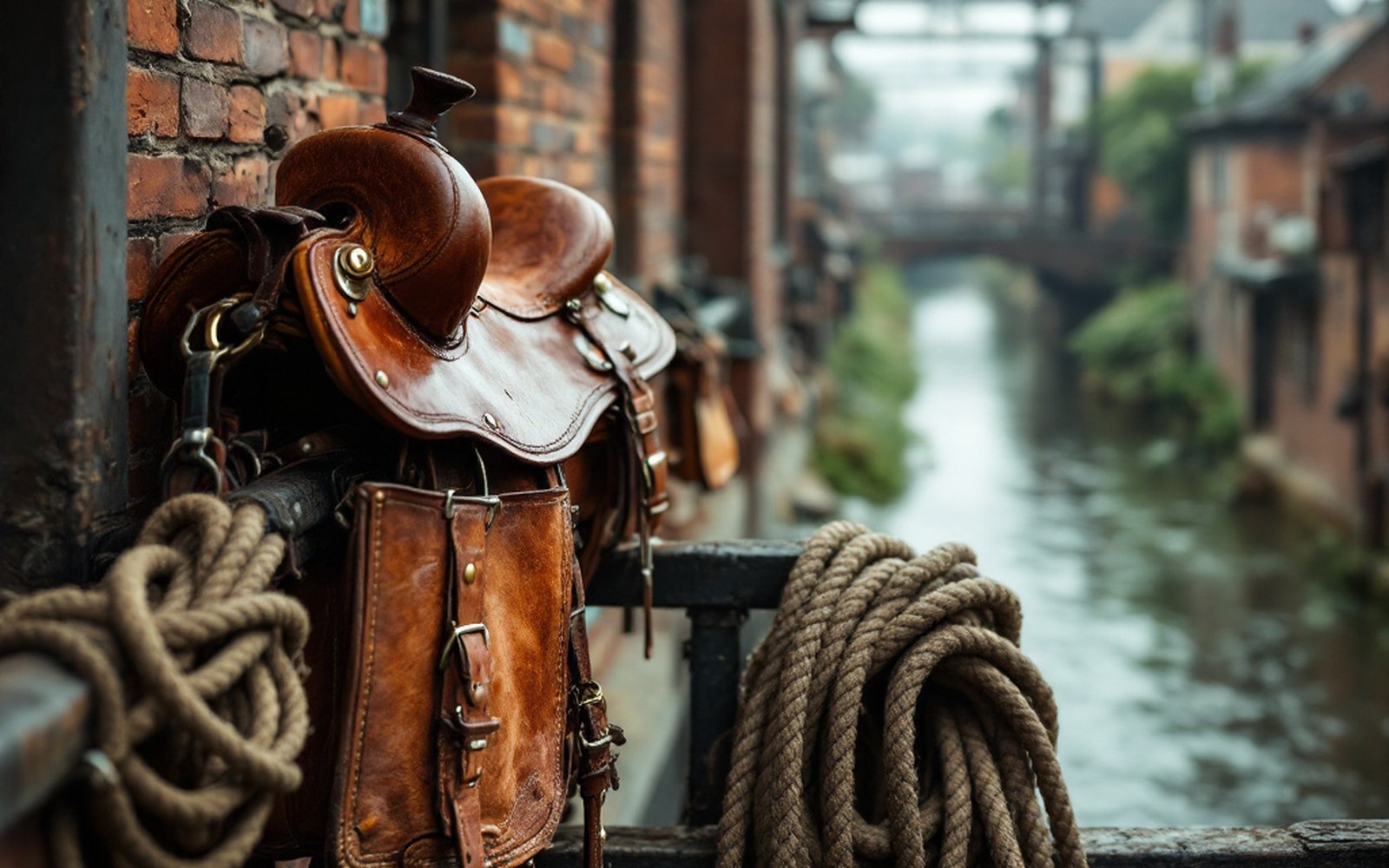 A saddle, saddlebags and a coiled rope on a rail in a stable, worn leather