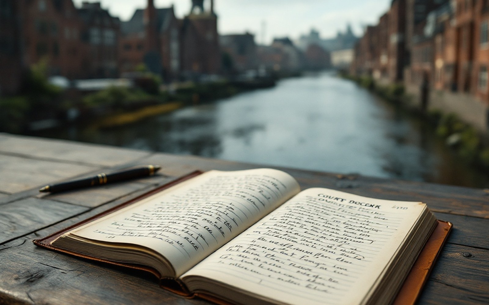 A bound court docket of handwritten entries open on an archive table