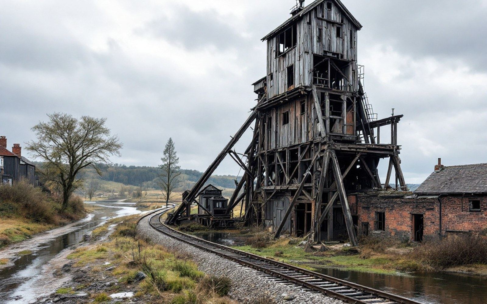 A derelict timber coal tipple beside a rail siding, weathered grey